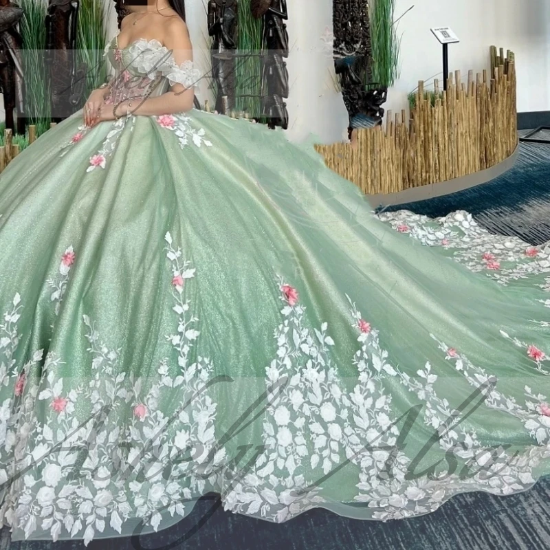 Prispôsobená mexická mincovňa zelená quinceanera šaty loptičky 3D kvetinová aplikácia Sweet 16 14 Prom Party Dress Vestido de 15 Años