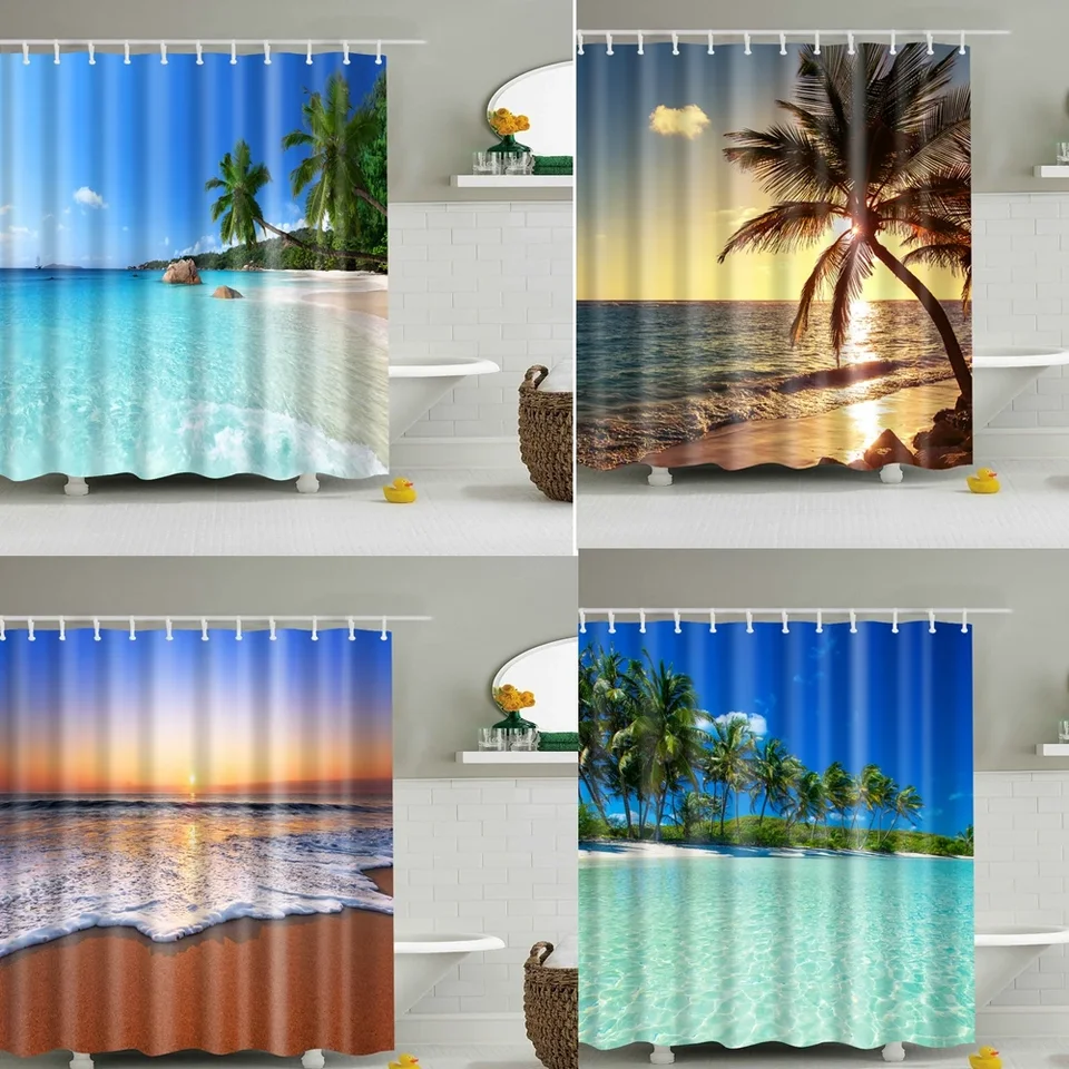 Prispôsobená modrá obloha na plážový sprchovací záves Moderná scenéria Tlač kúpeľňa 3D výpadok záclony Veľký 180x200cm pre kúpeľňu Cortina