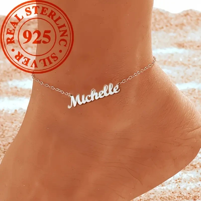 Prispôsobené 925 Sterling Silver Name Anklet s prírodnými drahokamami nastaviteľné pre Vianoce a darčeky
