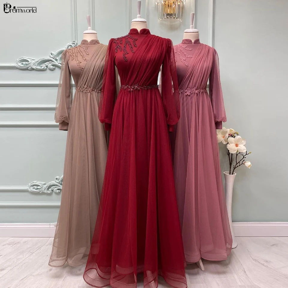 Prispôsobené elegantné dubajské s dlhým rukávom Formálne plesové šaty Lady Tulle A-line Muslim Hidžáb Večerné šaty Abiye gece elbisesi