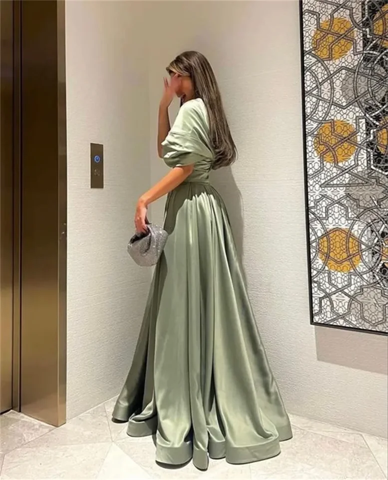 Prispôsobené elegantné horčičné zelené plesové šaty 2024 Sexy krátke rukávy مناسبة رسمية mimo ramena A-line Vestidos de Noche Fashion CL