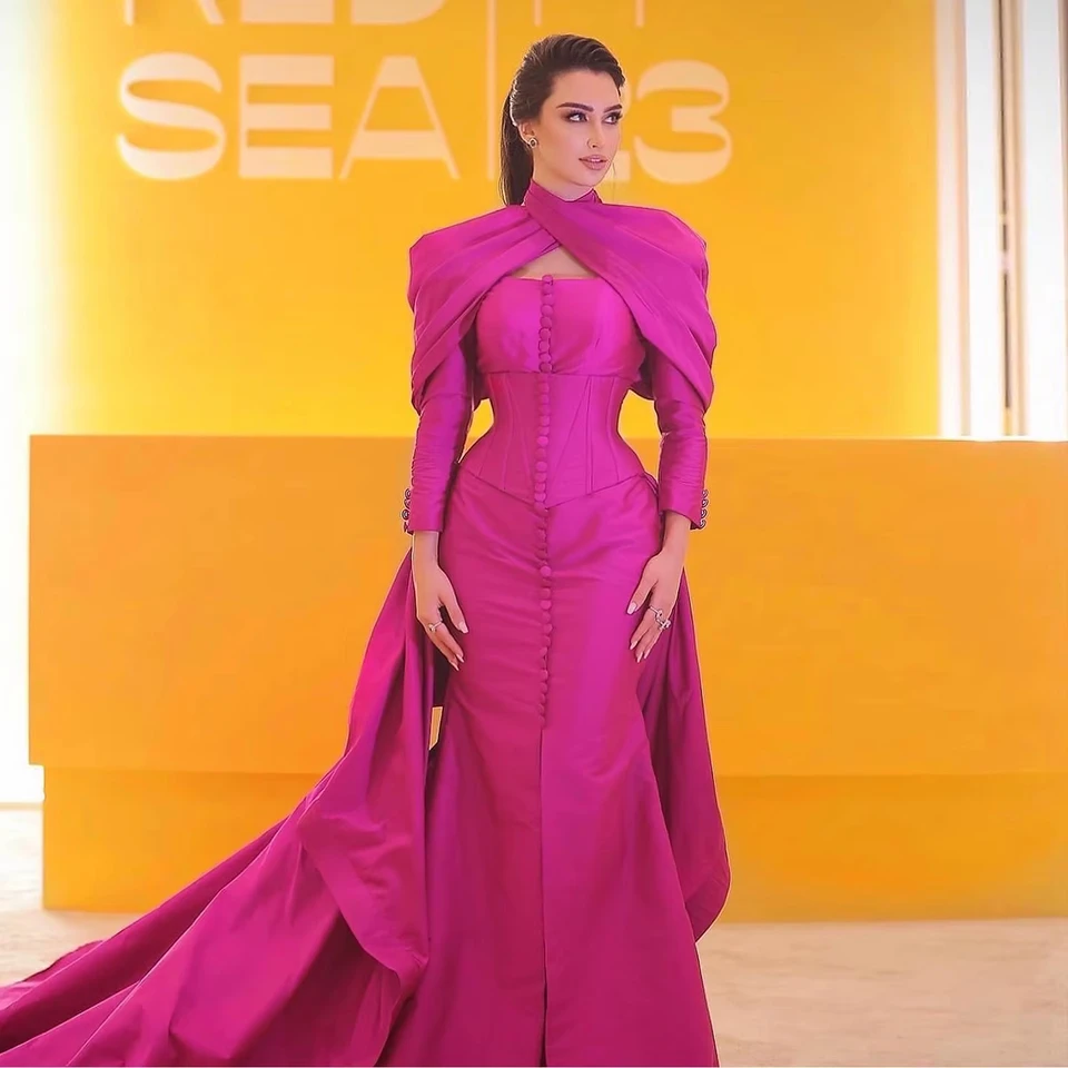 Prispôsobené elegantné jedno rameno fuchsia luxusné dubajské večerné dres s Cape Ruckve Oversskir Formal Party Gown LSZ025