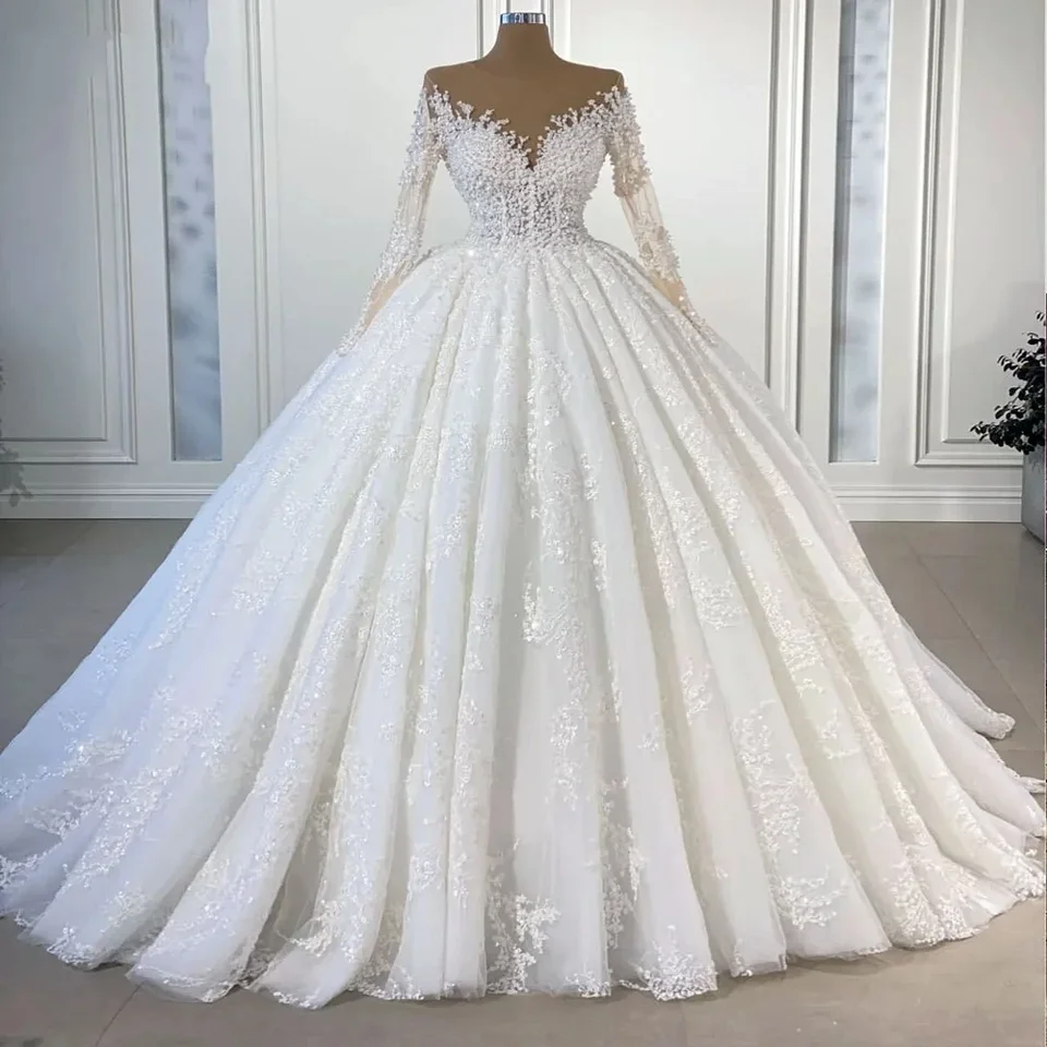 Prispôsobené elegantné svadobné šaty ilúzia krk dlhé rukávy s dlhým rukávom, čipky, perly, korálky nevesty, šaty lariage