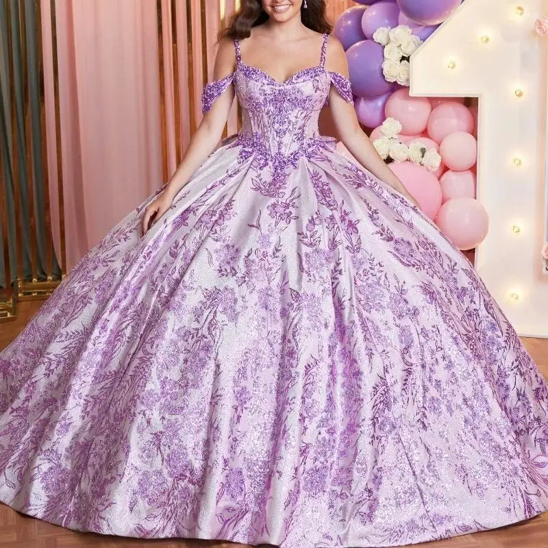 Prispôsobené fialové lesklé quinceanera sa šaty z ramena Vestidos de 15 años flitry aplique Tull Formal Birthday Party elegantné
