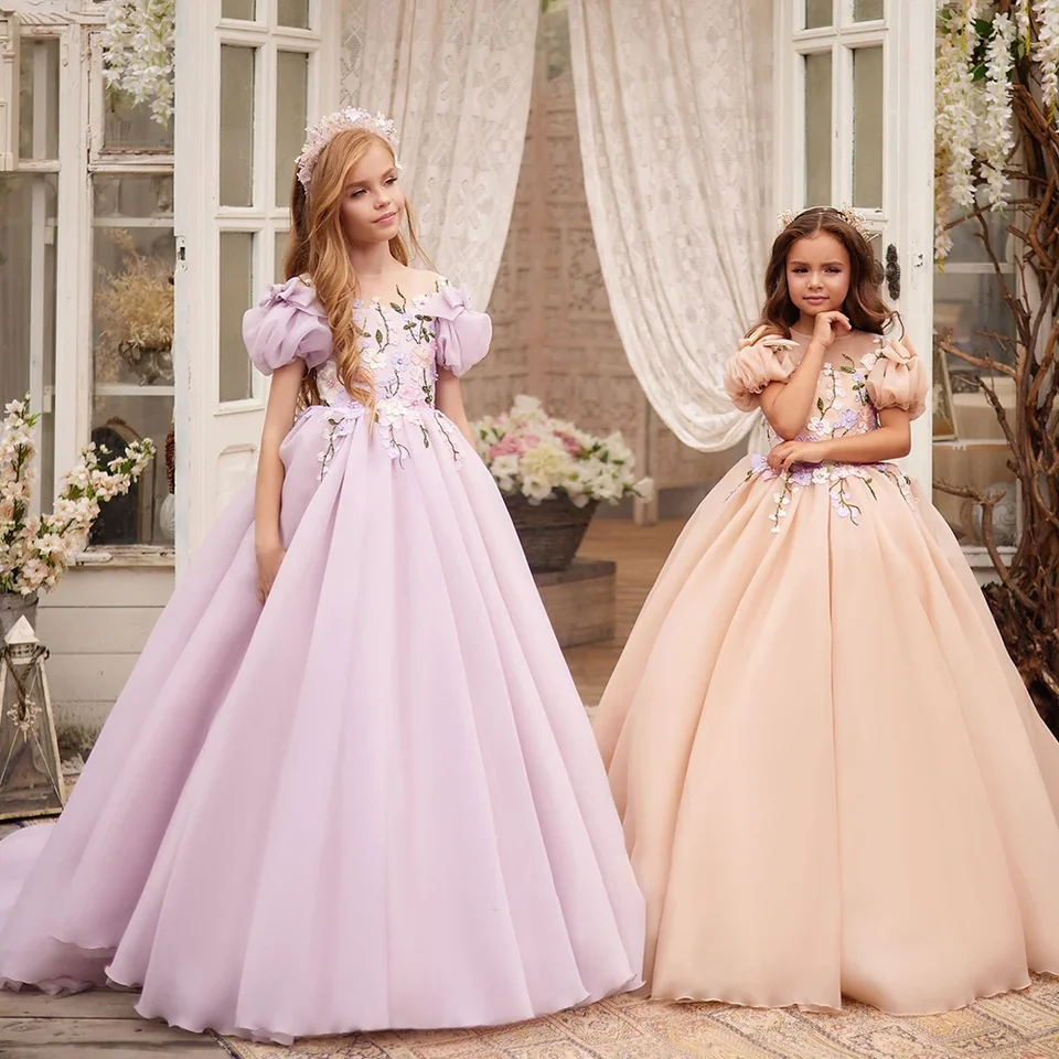 Prispôsobené fialové šifónové kvetinové šaty pre svadobné tylové aplikačné dĺžky podlahové elegantné dieťa prvé spoločenstvo narodeninové šaty