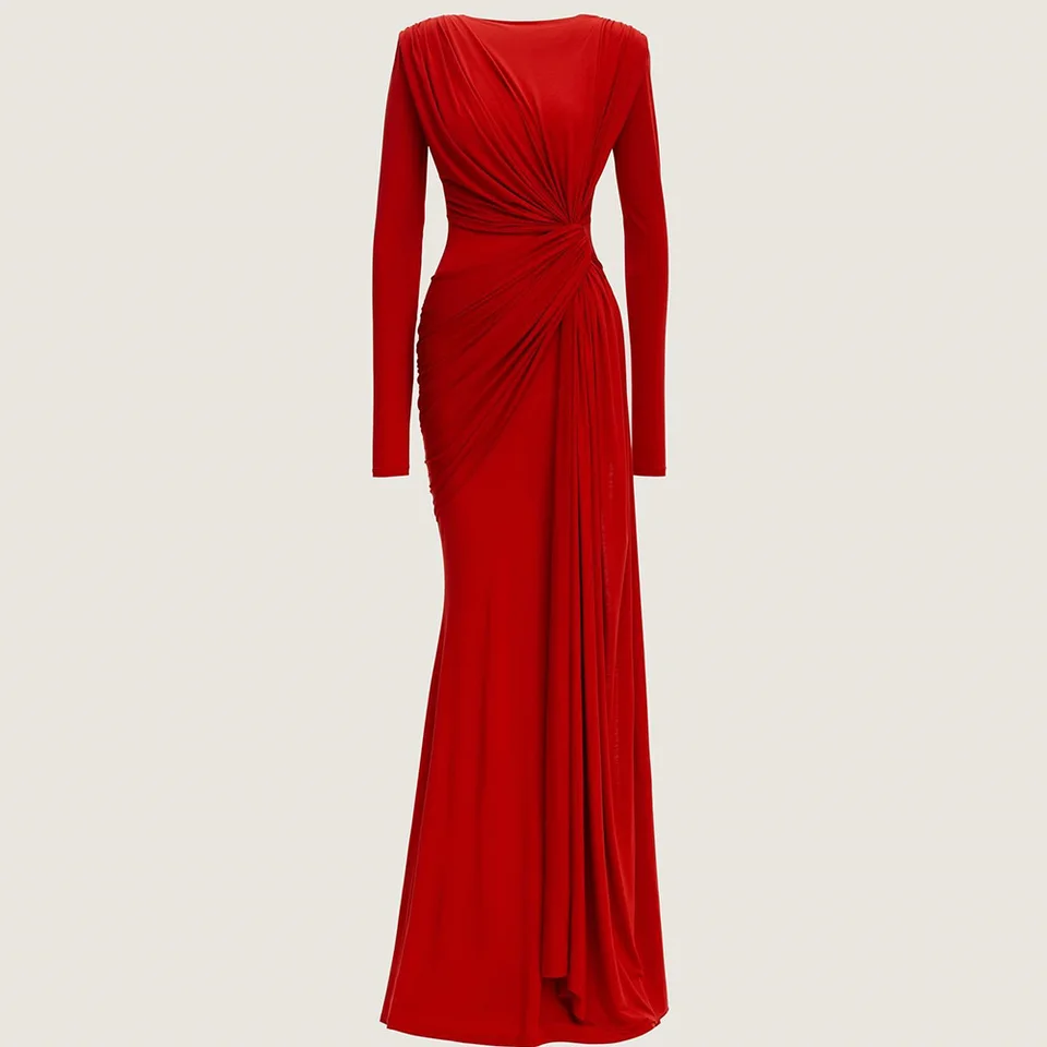 Prispôsobené formálne a klasické morské panny dlhé rukávy O-krk večerné šaty Červený dres Court Train Pleats Zipper Back Celebrity Ghow