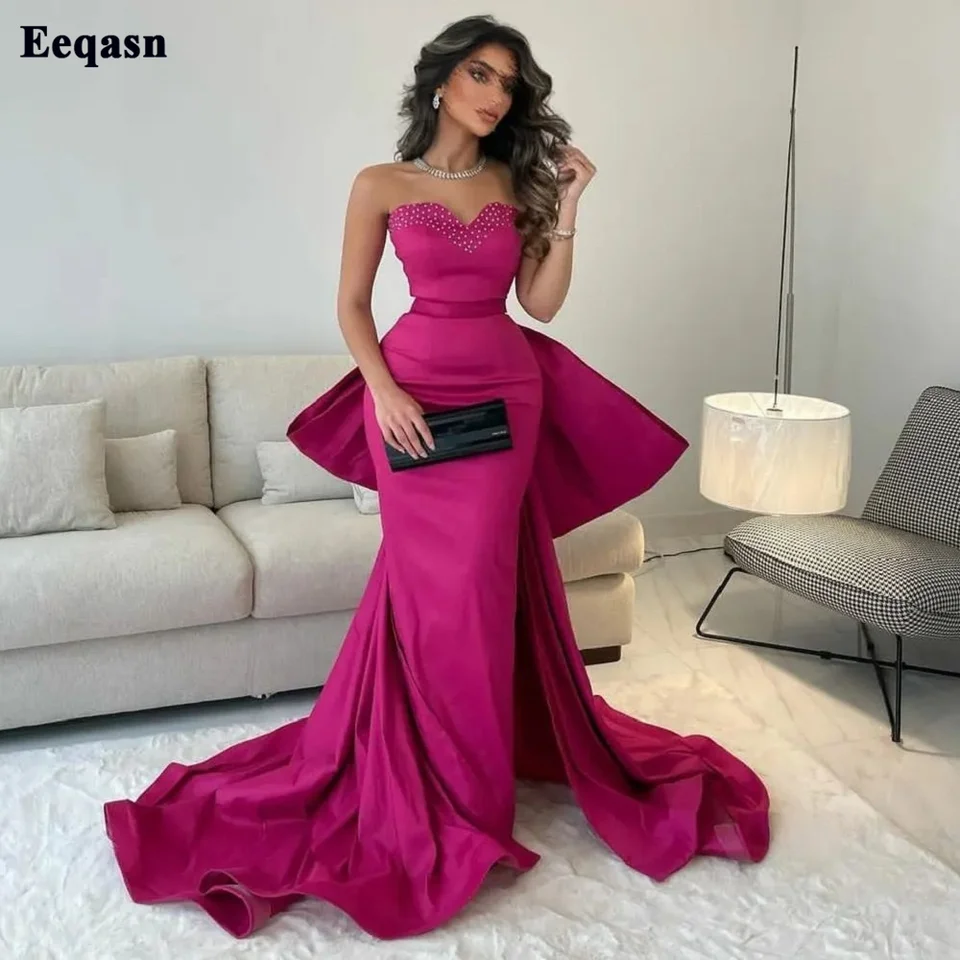 Prispôsobené fuchsia Memaid Arabia Prom sa oblieka dlhé korálkové luky Dubaj Dubajské večerné šaty Formálne dámske večierky Dlhý vlak