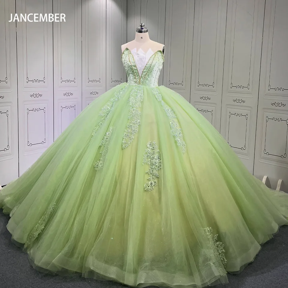 Prispôsobené iskrivé zelené quinceanera šaty guľôčkové šaty bez rukávov korálky korzet Sweet 16 Vestidos de 15 años lsmu62