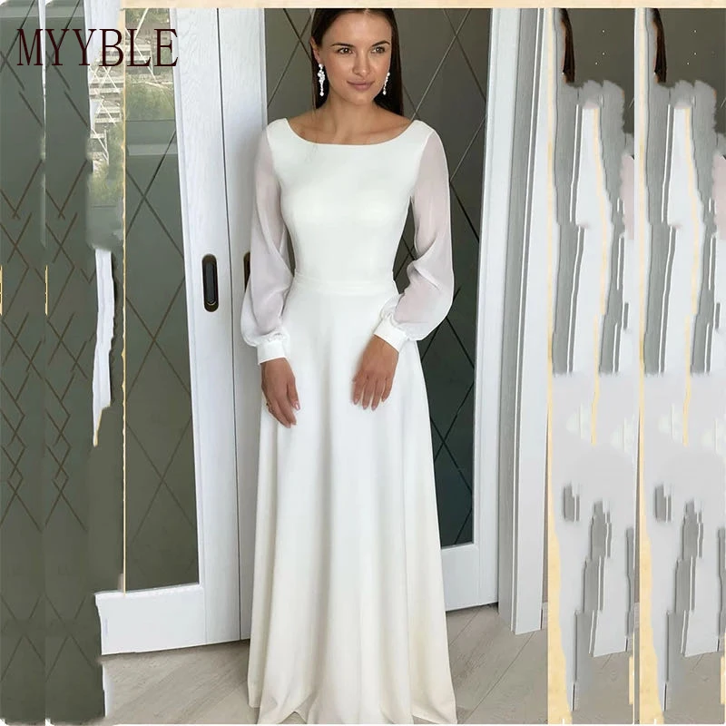 Prispôsobené jednoduché šifónové svadobné šaty s dlhým rukávom dĺžka podlahy Svadobné šaty rúcho de mariee biela pláž Scoop Elegant zips