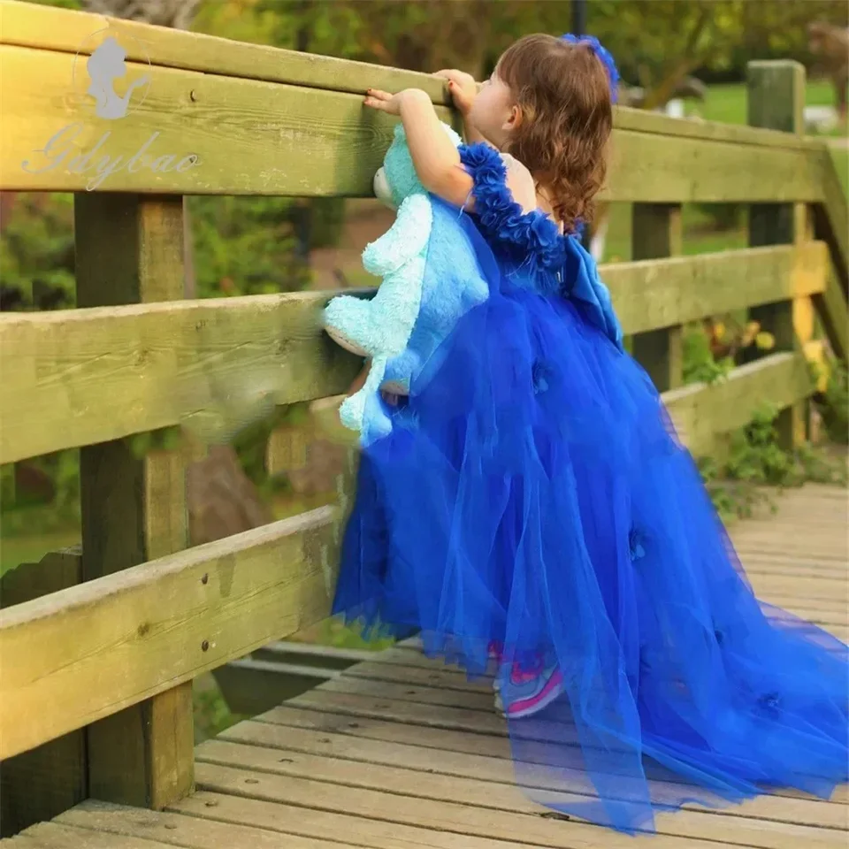 Prispôsobené krásne kvetinové dievčenské šaty na svadbu s lukom 3d kvetinové aplikácie Girl Birthday Party Prvé sväté prijímanie šaty