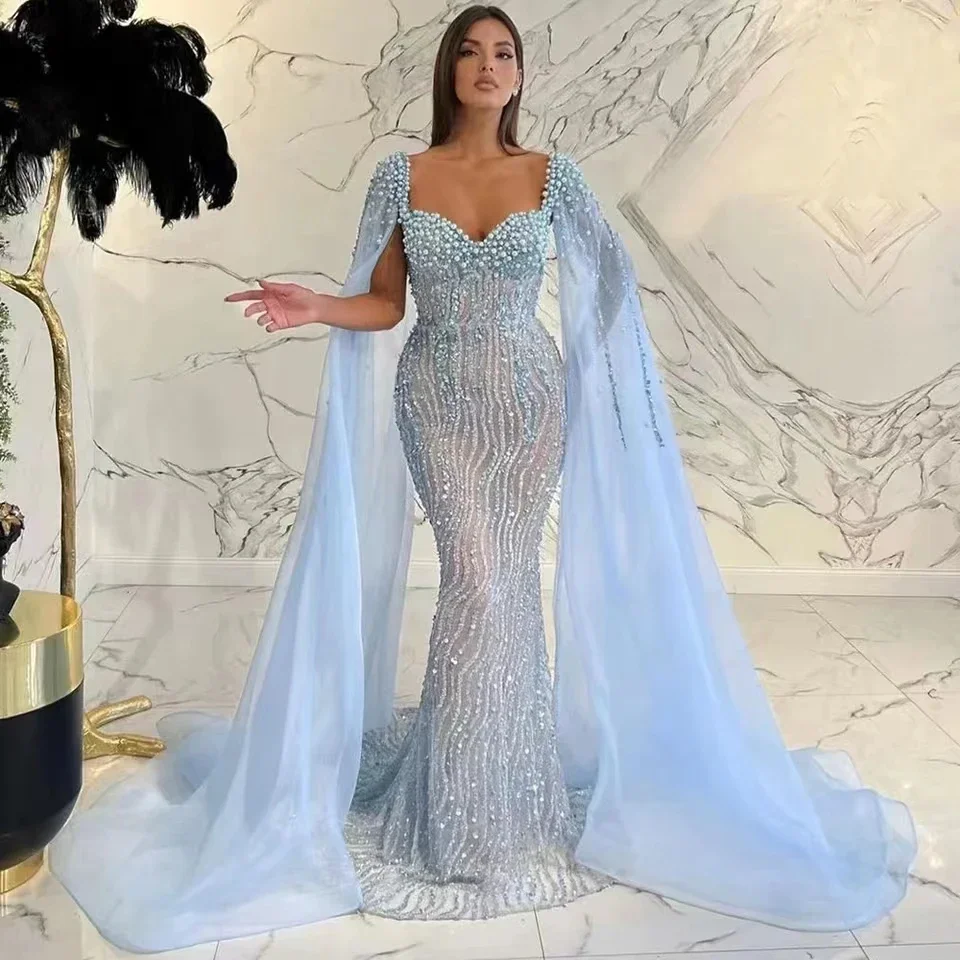 Prispôsobené luxusné arabské modré korálkové morské panny Prom šaty Cape Ruckves Sexy večerné šaty Dubaj ženy svadobné šaty