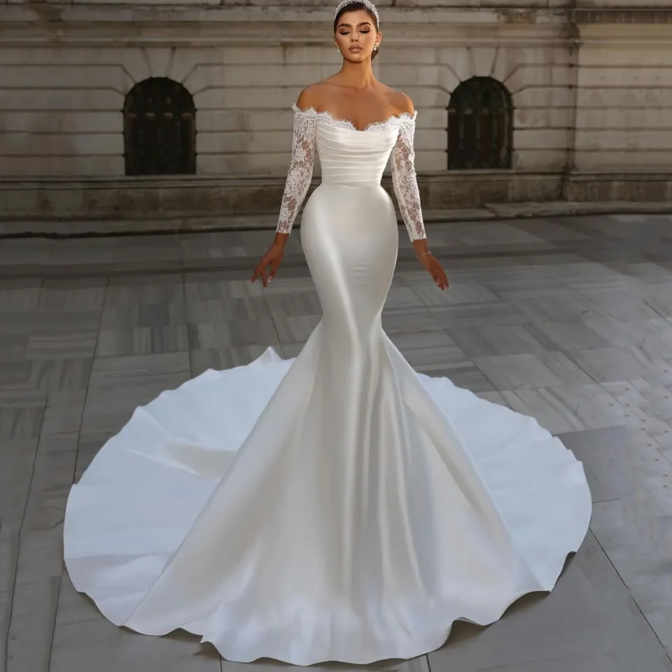 Prispôsobené luxusné svadobné šaty Elegantné morské panny mimo ramenných nevesty s čipkou bez ramienok