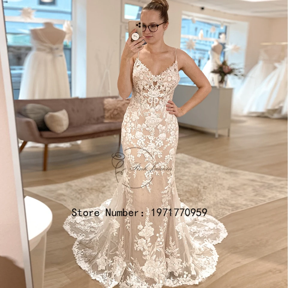 Prispôsobené luxusné čipky Ženy Mermaid Open Back Boho Svadobné šaty Svadobné šaty Applqiues špagety popruhy robe de mariée sirène