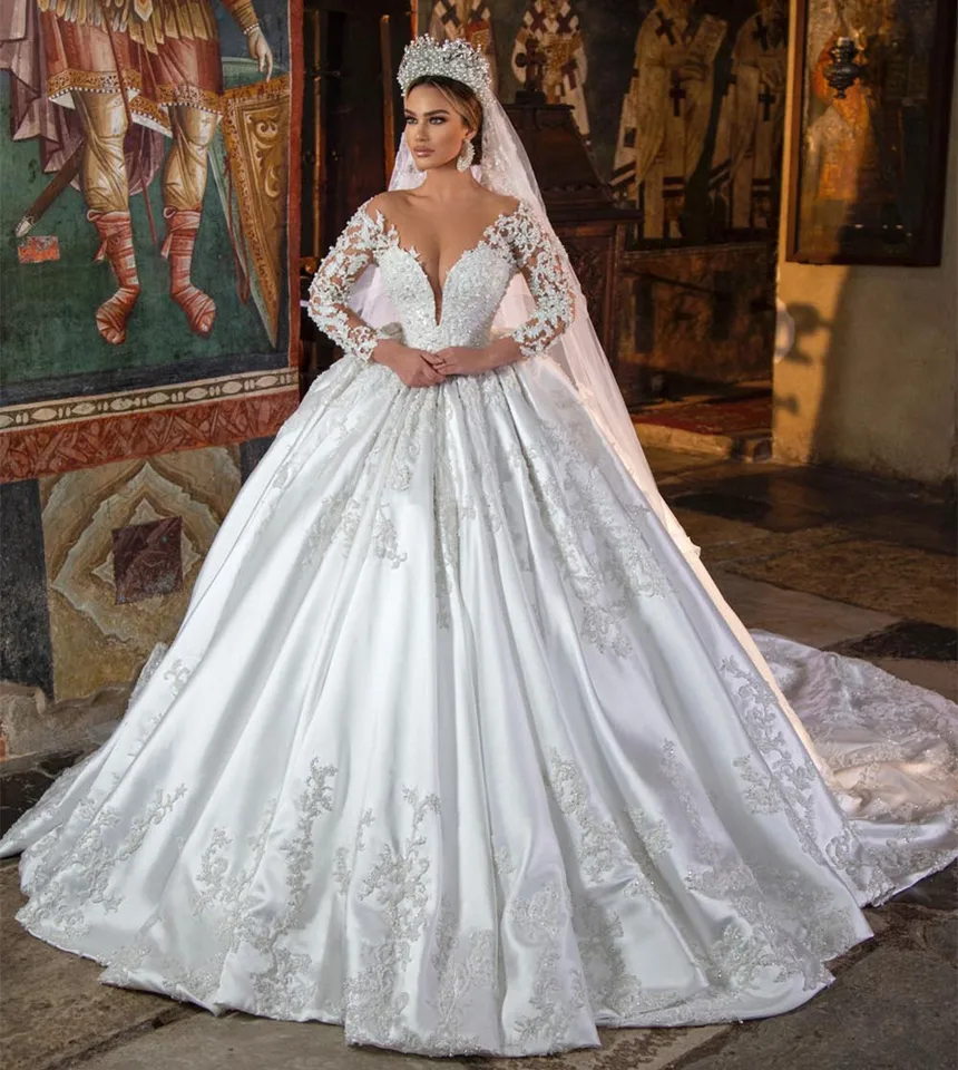 Prispôsobené Maroko nádherné svadobné šaty loptové šaty čipky perly s dlhými rukávmi číry krk biele svadobné šaty Vestido de Novia