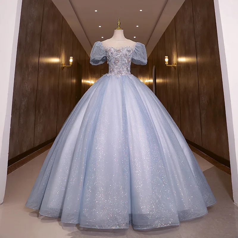 Prispôsobené modré trblietavé guľové šaty quinceanera šaty Aplikácie Prom Party Gowns Sefins Birthday Sweet 16 Vestido de 15 Anos