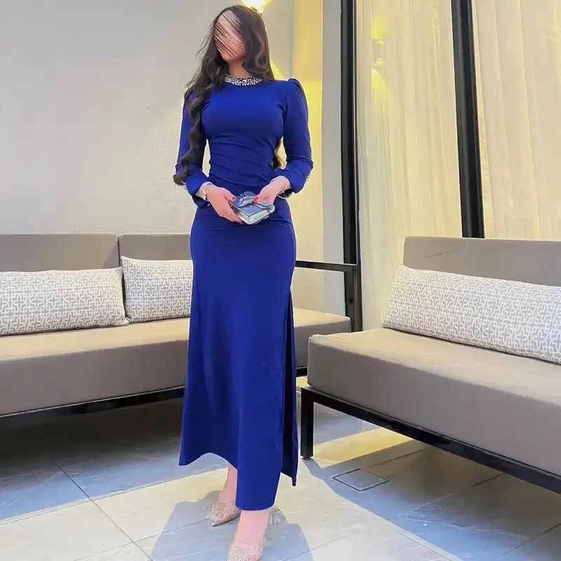 Prispôsobené morské panny s dlhými rukávmi večerné šaty O-krk korálky plesové šaty členok dĺžky Vestidos de noches Party šaty Saudi
