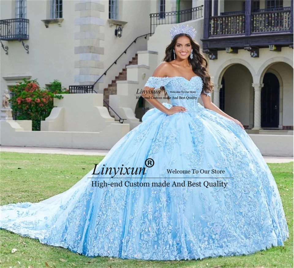 Prispôsobené oblohy modrá quinceanera šaty loptičky lapové lace Aplikácia korálky Korzet sladký 16 mexických narodenín Vestido de 15 Anos