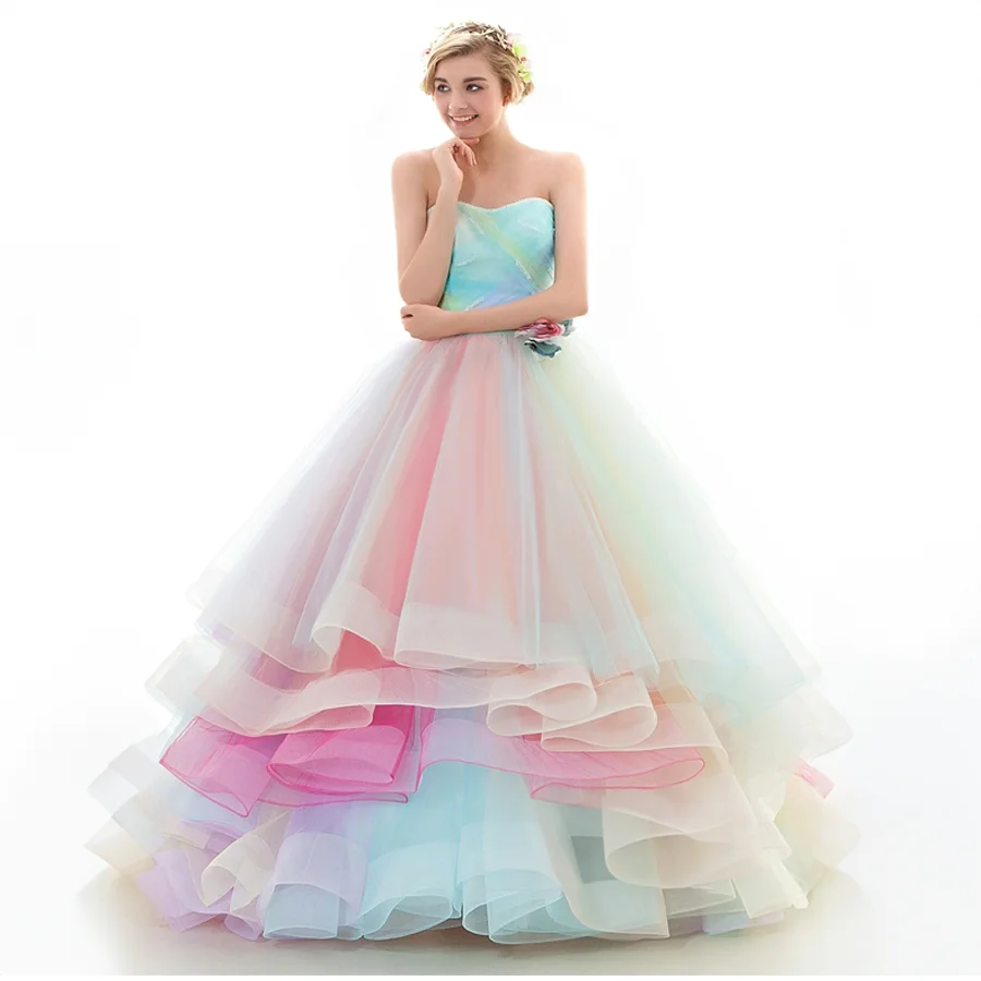 Prispôsobené populárne farebné korálky bez ramienok plus veľkosť ples šaty bez spätných vrstiev šnurovania večerné šaty Vestido elegante