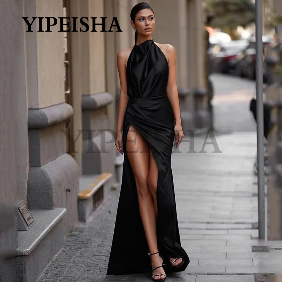 Prispôsobené predné predné halter Vysoko split bez spätných večerné šaty Sexy saténové rukávy Formálne večierky župan rúž de soirée femme Vestid