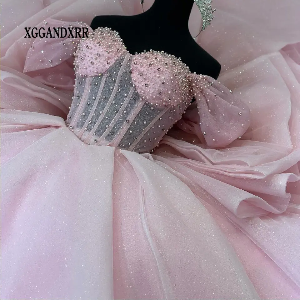 Prispôsobené ružové guľové šaty quinceanera šaty 2025 korálky veľké luk sladké 16 šaty narodeninová oslava Vestido de 15 anos dlhý vlak
