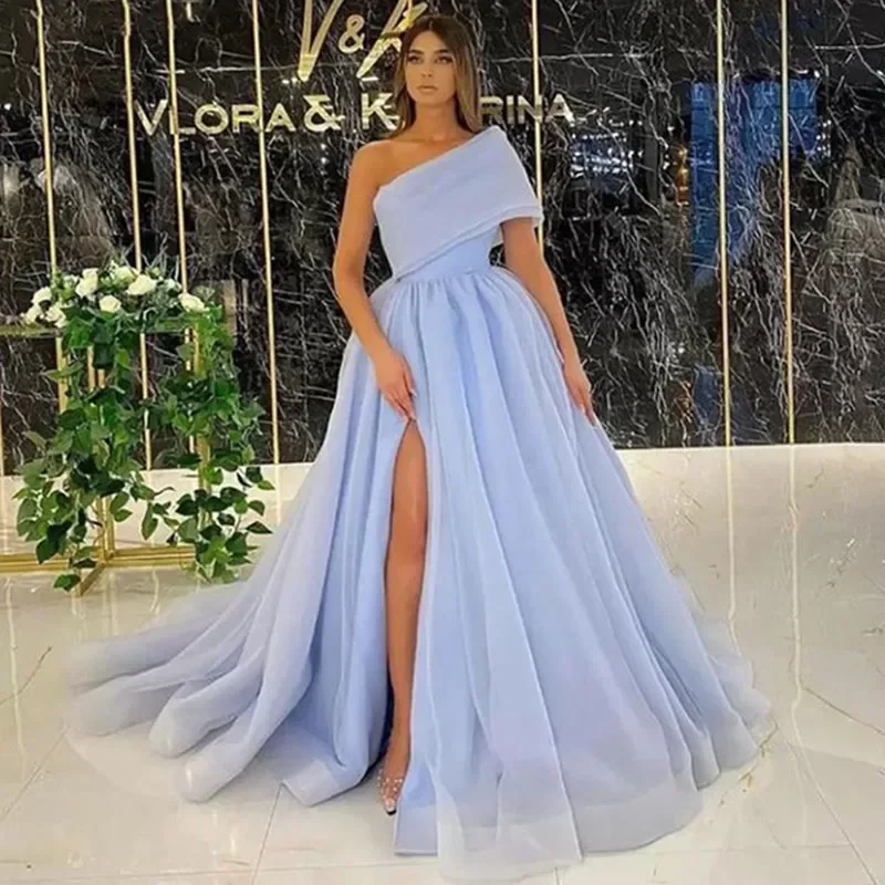 Prispôsobené sexy bočné rozdelenie Puff Sky Blue Organza Formálne večerné šaty Tolle dlhé párty šaty A-line Prom Dayses