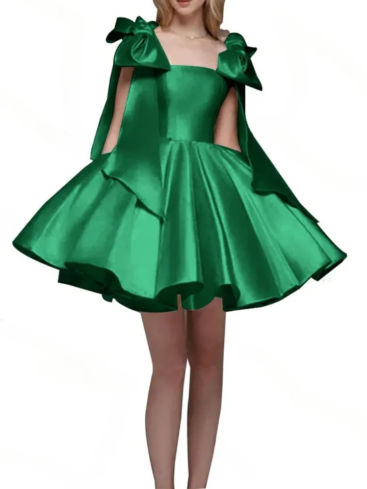 Prispôsobené sladké luk zlatí krátke večerné šaty sexy štíhly pás Prom Dress Ženy Elegantná pevná farba