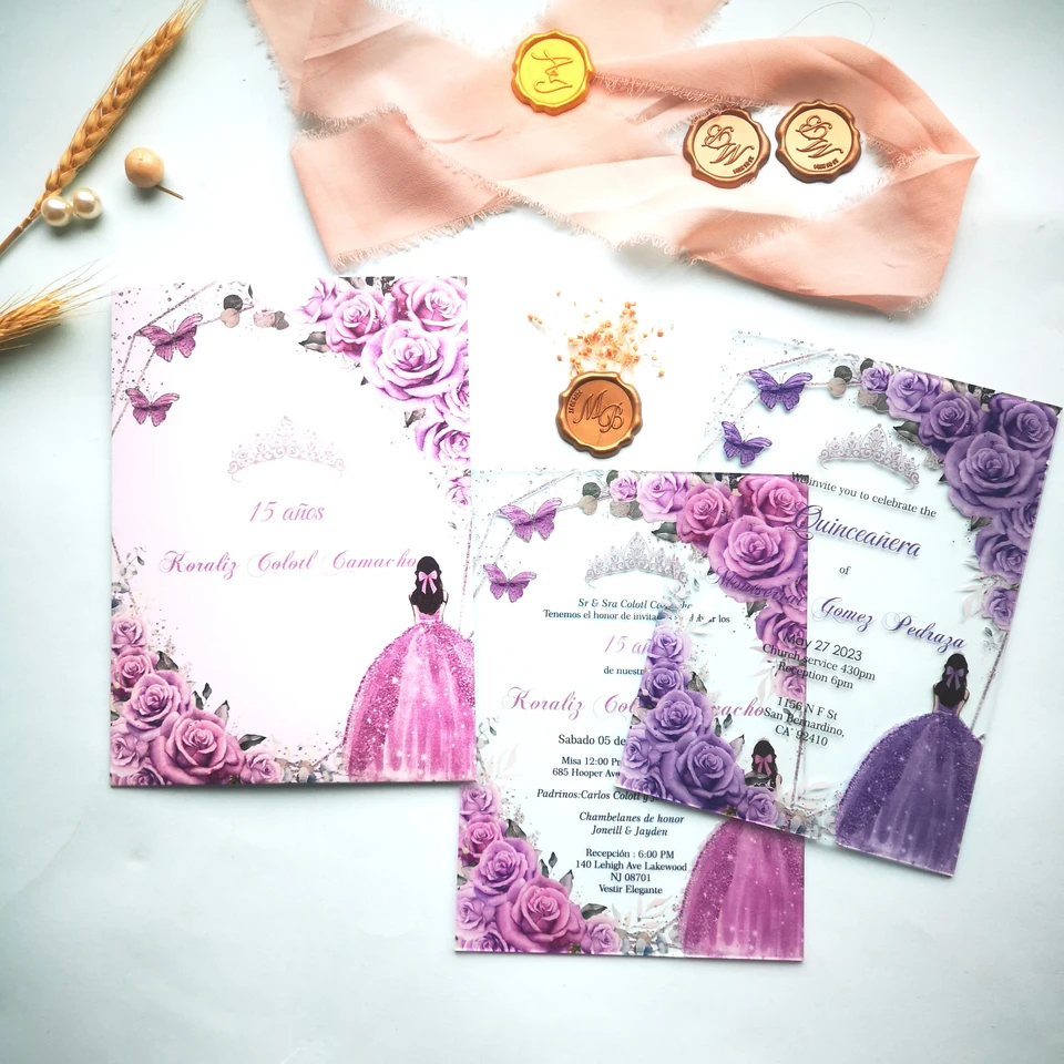 Prispôsobené svadobné oznámenia Pink Lilac Princess, Sweet XV Quinceanera Birthday pozvánky, 5x7 palca, 0,5 mm