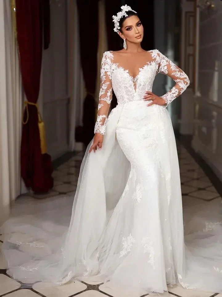 Prispôsobené svadobné šaty s dlhým rukávom Mermaid Svadobné šaty zlatíčko Vestido de Novia Lace Appliques Odnímateľná vlaková nevesta Robe Mariage