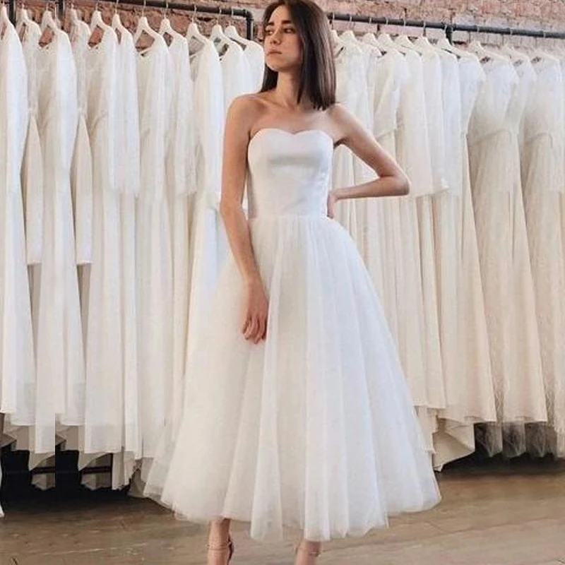 Prispôsobené Vestido de Noiva White Tull Dĺžka čaju Svadobné šaty A-line lacné svadobné šaty na mieru vyrobené plážové šaty