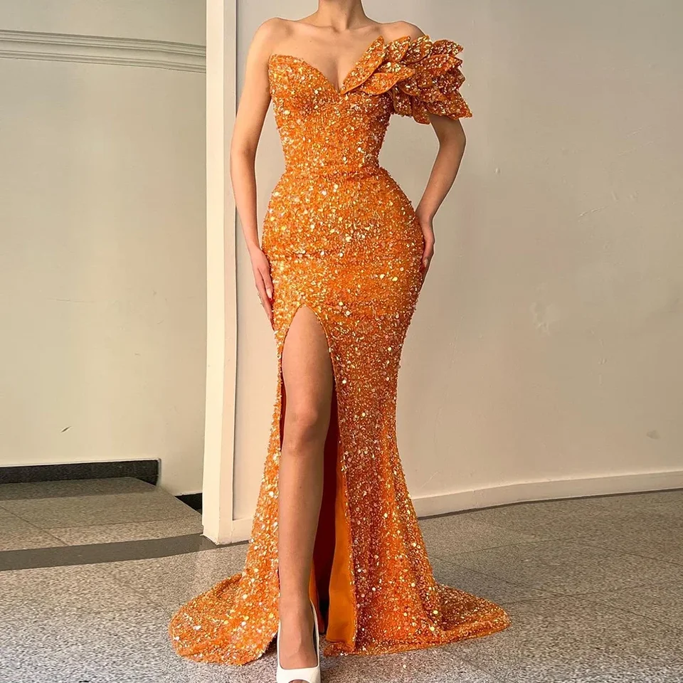 Prispôsobené večerné šaty 2023 Luxusné iskra V-krk Severs Mermaid Morské šaty bočné rukávy bez rukávov oranžové dlhé plesové šaty sexy