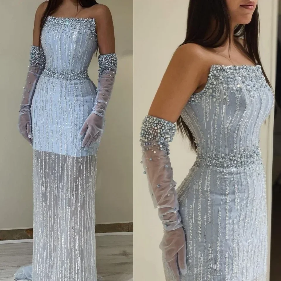 Prispôsobené večerné šaty svetlo modré perly luxusné dubajské večerné šaty morská panna elegantné arabské ženy bez ramienok Formálne