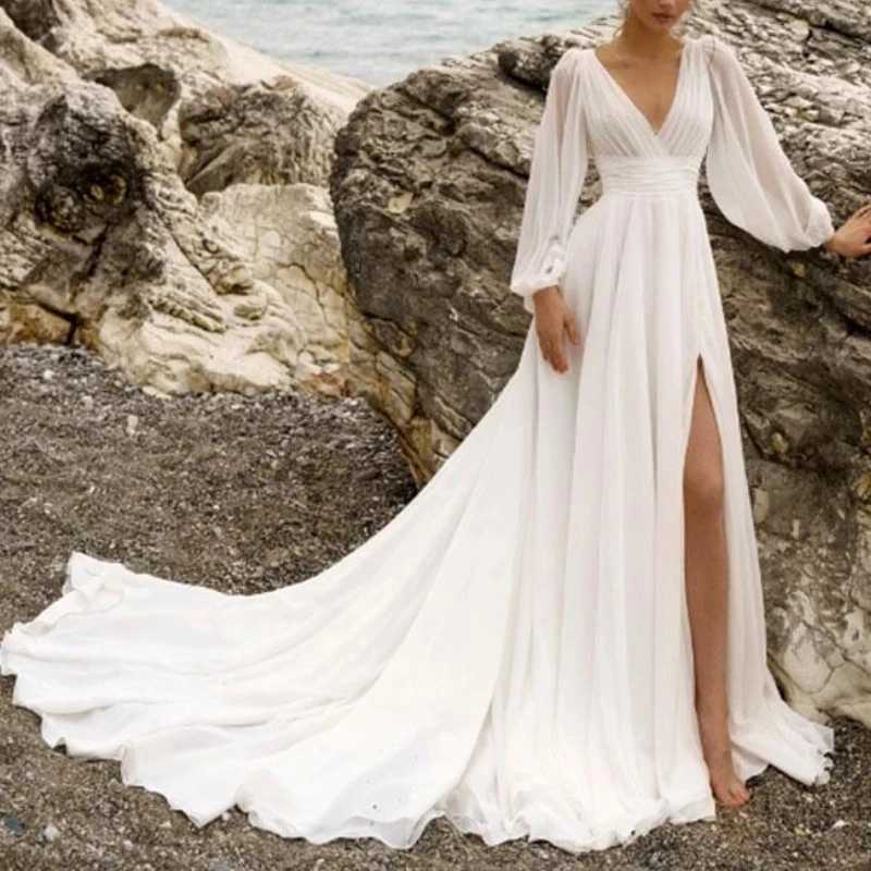 Prispôsobené Vysoky s dlhým puzdrom s dĺžkou rukávov Vestidos jednoduché elegantné francúzske jednoduché plesové šaty s vysokým rozdelením dlhé chvosty dokonca aj
