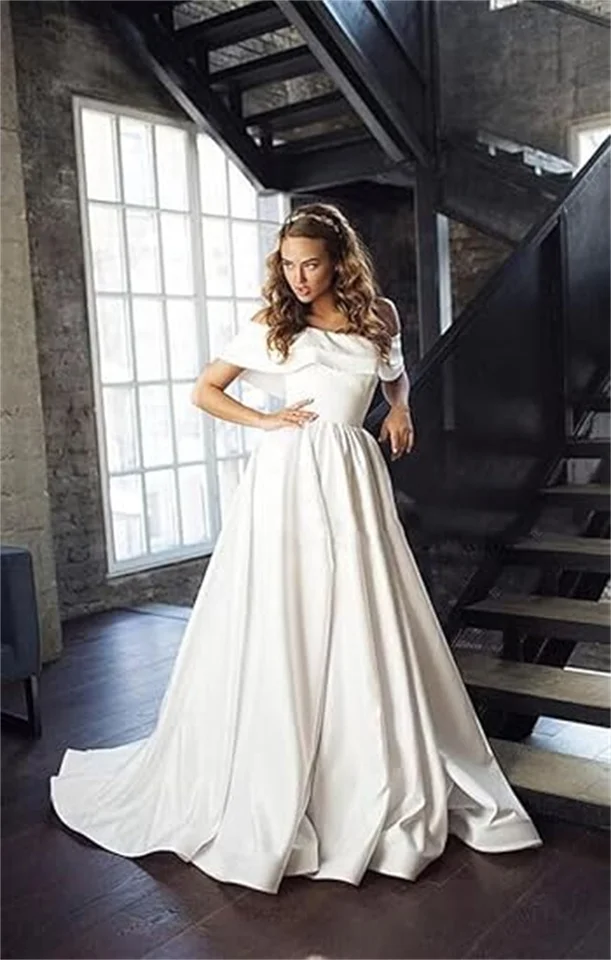 Prispôsobené z bielych svadobných šiat na ramene pre nevestu A Line Ruffle Satin Boho Svadobné šaty Korzet formálne plesové večerné šaty