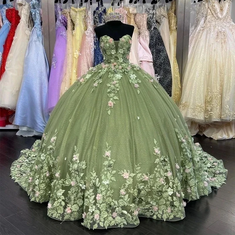 Prispôsobené zelené šaty Quinceanera kvetinové aplikácie Kvetiny Kvetiny súdová dĺžka dĺžky narodeninovej oslavy Prom