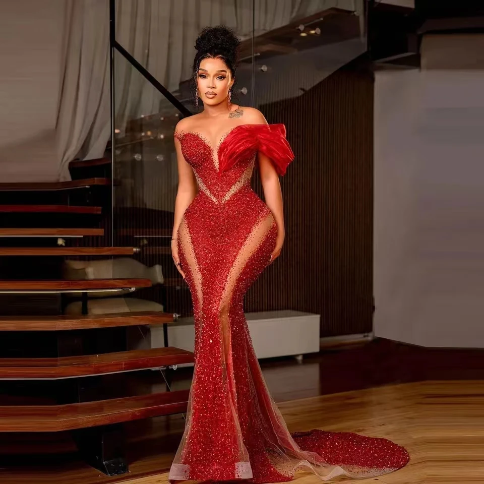 Prispôsobené červené Afrika iskrivé korálkové flitre morské panely Mermaid Prom sa šaty sexy z ramien formálne šaty čierne ženy svadobné šaty