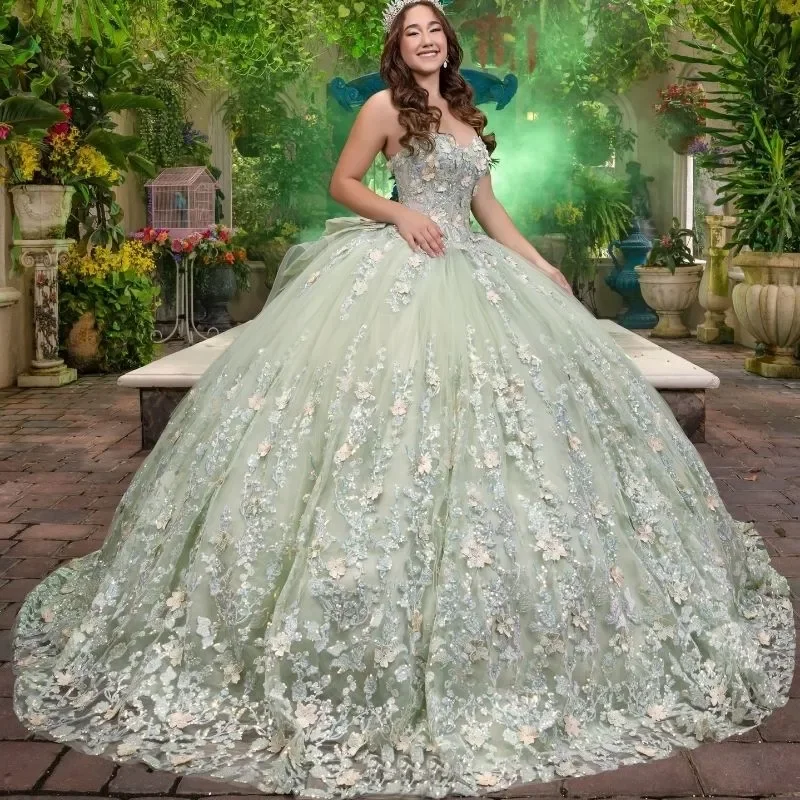Prispôsobené šalvia zelené quinceanera šaty guľôčkové šaty Aplikácia čipky Lace Lace Tull Corset Sweet 16 Vestidos 15 de para