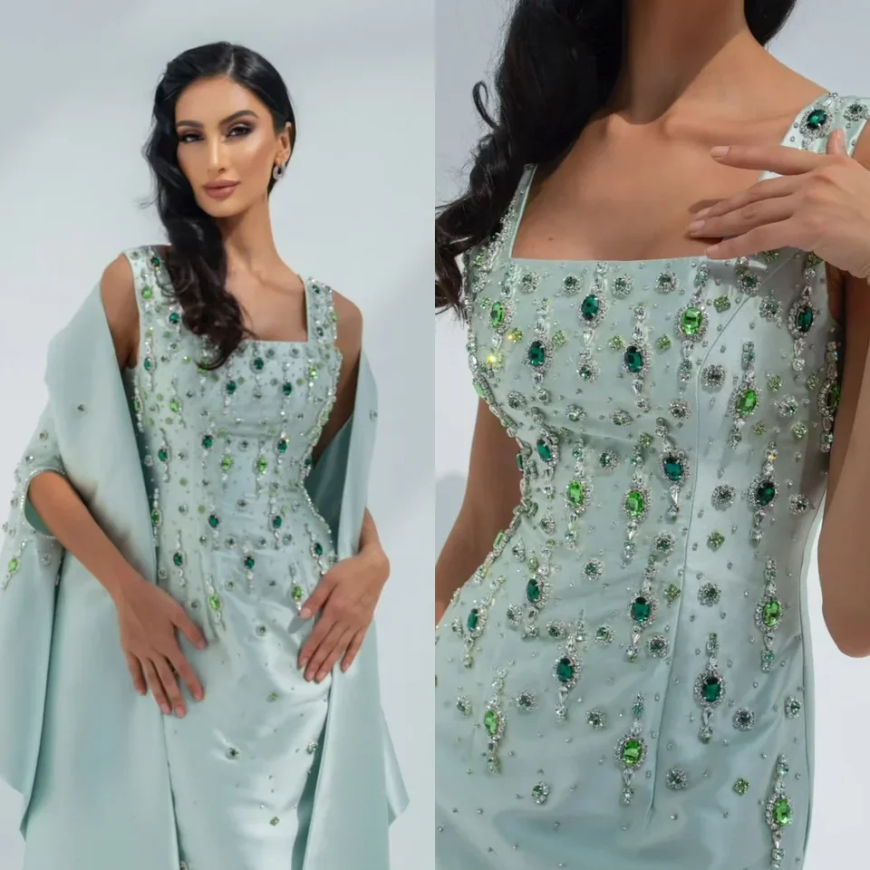 Prispôsobené šaty Arábia Prom Dayses Green Crystal Handbeading Bunda Split Luxusné večerné šaty Formálne svadobné šaty