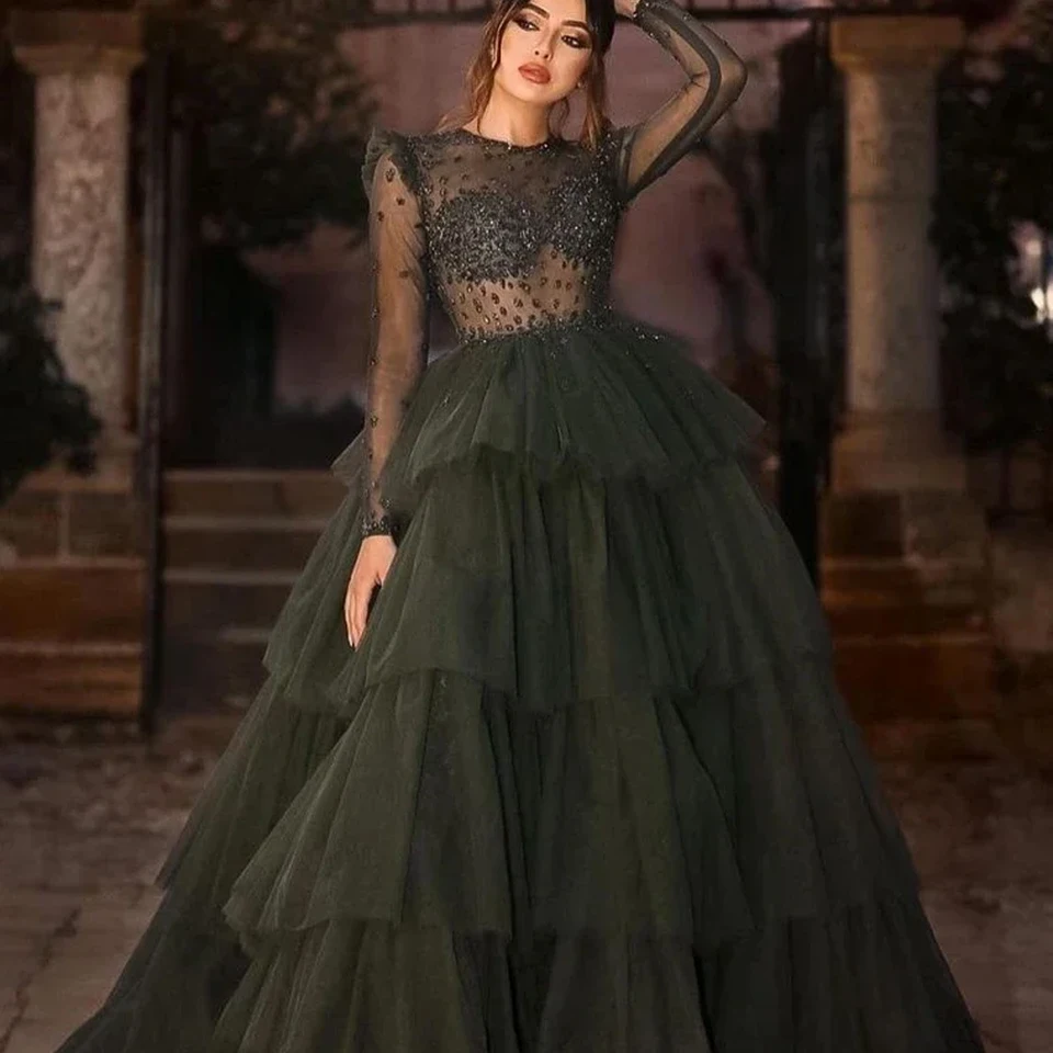 Prispôsobené šaty Elegantné vintage zelené krištáľové flitre korálky Princezná Sexy formálne A-line Formal Príležitostné šaty večerné večierky Gow