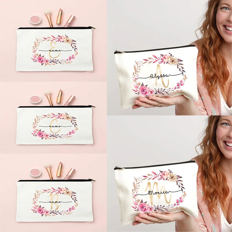 Prispôsobený názov Počiatočný make -up taška Personalizovaná nevesta make -up krabica dekoratívny darček ženský organizátor cestovná toaletná umytie peňaženka