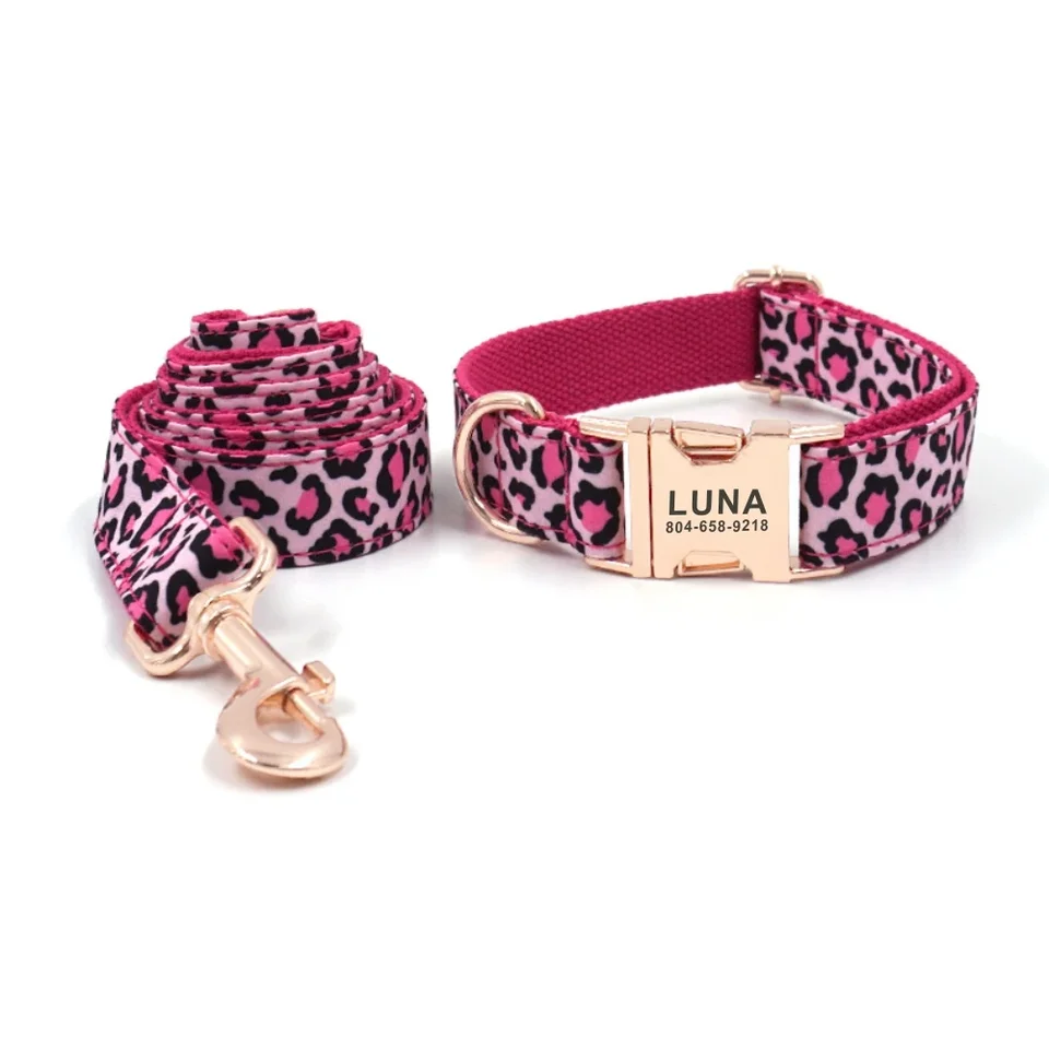 Prispôsobený psí obojok prispôsobený obojku domácich zvieratá zadarmo gravírovanie ID štítok štítok Pet príslušenstvo Pink leopard