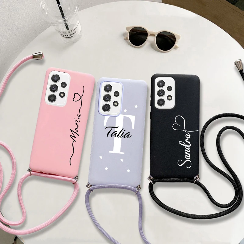Prispôsobený silikónový kryt pre vlastné meno pre Samsung Galaxy A33 A53 A73 5G Lanyard Strap Case pre Samsung A33 A53 A73 5G