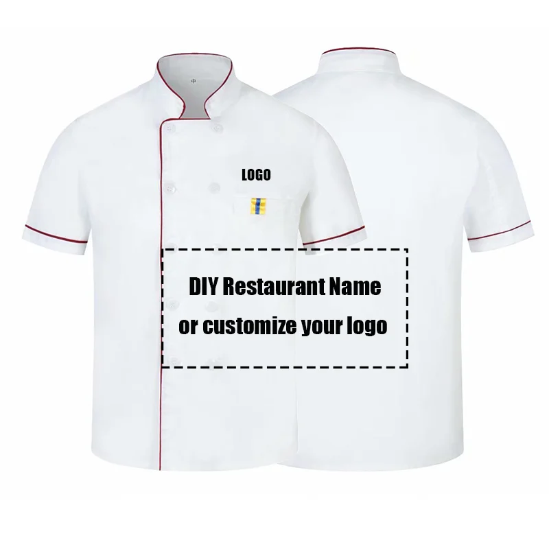 Prispôsobiť DIY logo Print Chef Uniforma kuchynská pekárna kaviareň Potravinové služby Krátke rukávy Priedušné kuchárske nosenie Čašinky Celkčky