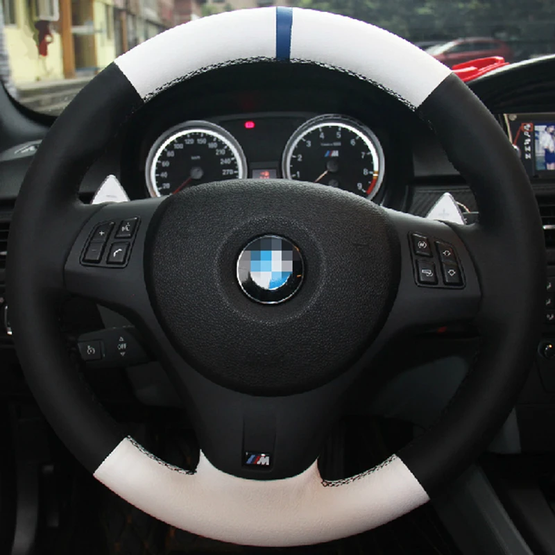 Prispôsobiť kryt volantu automobilu ručne štiepenú čiernu bielu semišovú kožu pre BMW 1 3 5 7 Series x1 x2 x3 x4 x5 x6