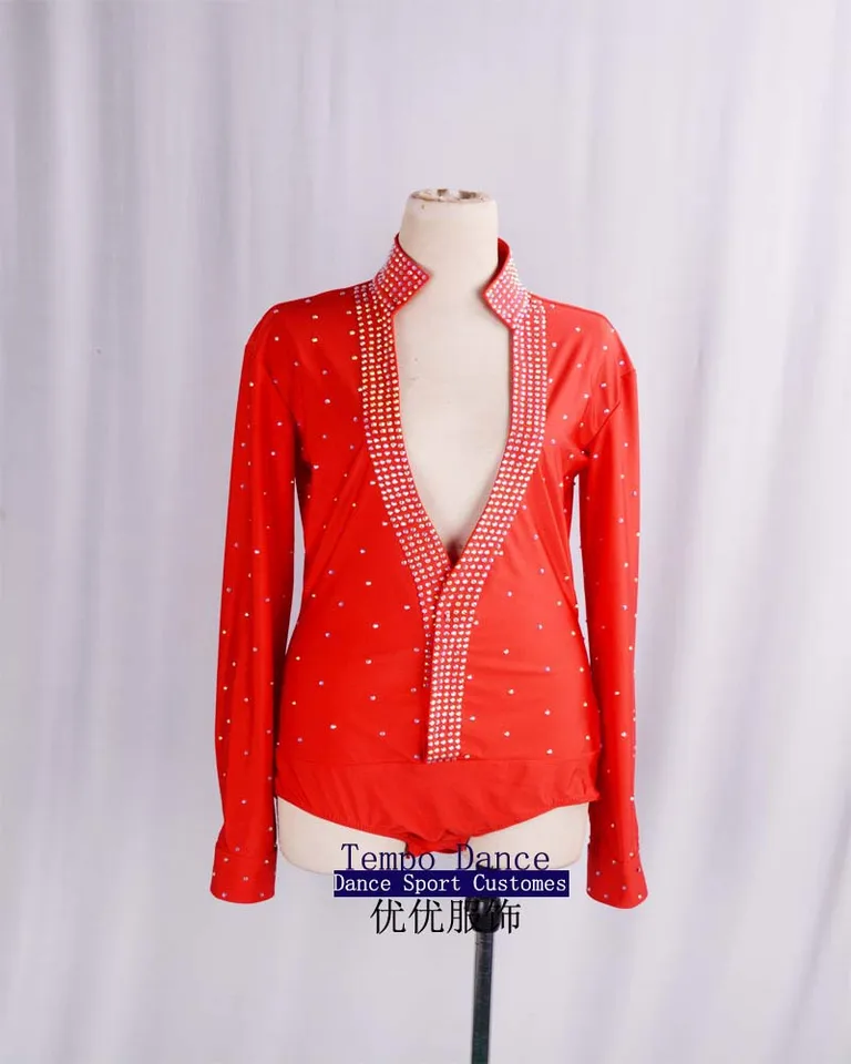 Prispôsobte červené latinské košele latinské tanečné šaty oblečenie salsa kožený opasok konkurencia muža čierna spandex látka
