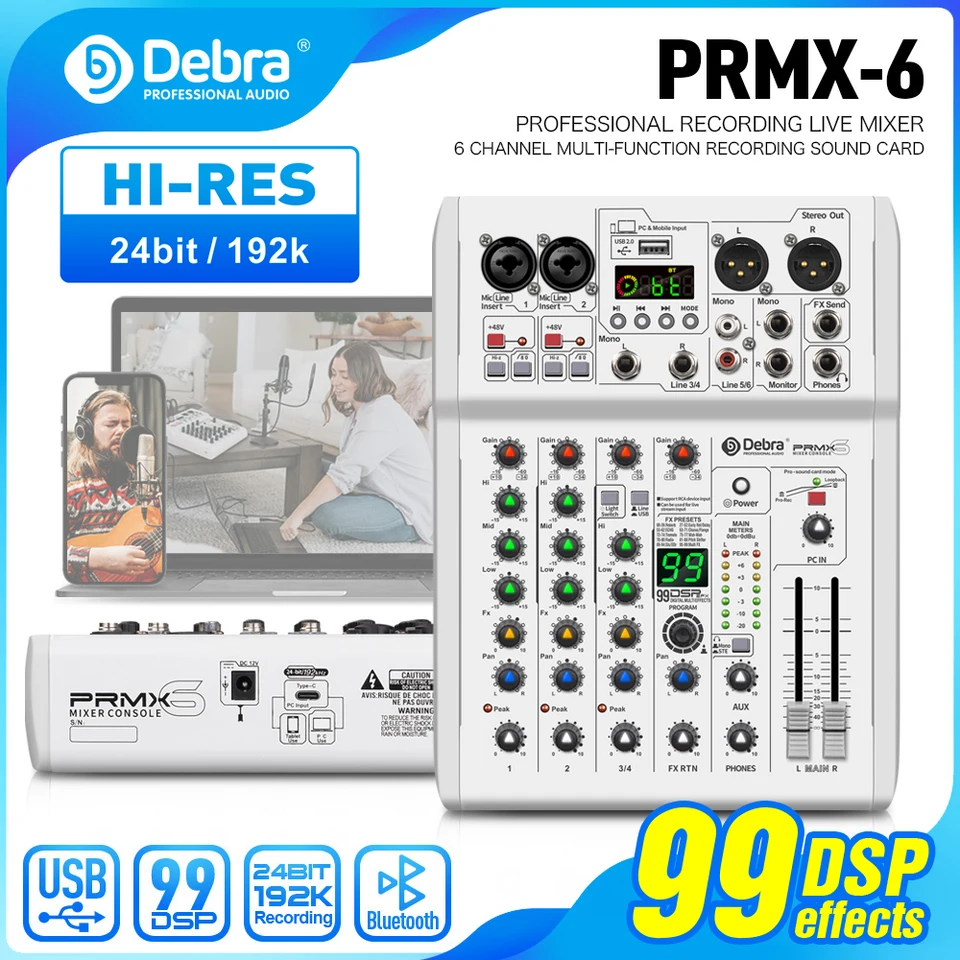 PRMX-6 99 DSP 24bit 192K 192K DJ Audio Mixer USB/PC Record, Studio Console, pre nahrávanie Studio, Mobile Live.
