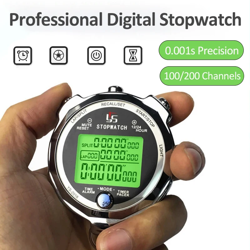 Profesionálny digitálny stopwatch 0,001S Precision 100/200 Channels Pamäť Prenosný časovač Športového tréningu Svetlá odpočítavanie časovača