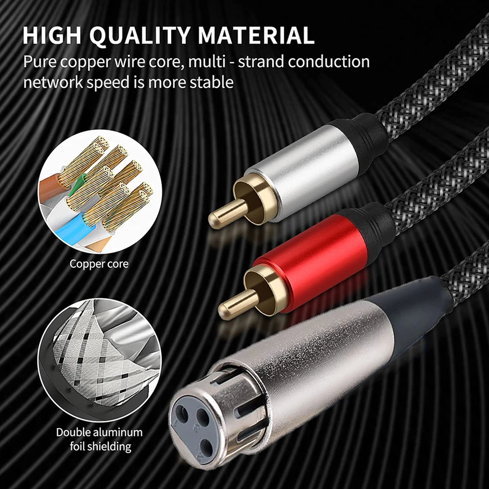 Profesionálny XLR až 2 RCA kábel Clear prenos zvukového signálu XLR na 2 RCA Y Splitter Cable pre mikrofón zosilňovača pre slúchadlá