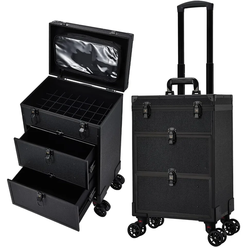 Professional 3 v 1 valcovanie make -upu, kozmetologický prípad na kolesách 2 Veľká zásuvka na nechty Trolley Trolley Cestovné kozmetické prípady