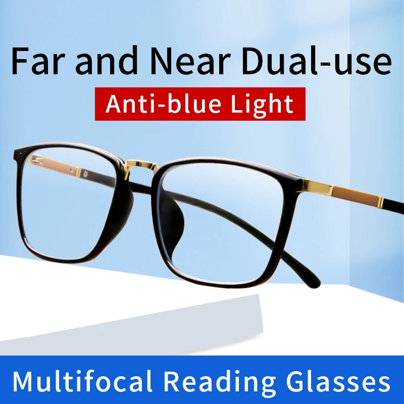 Progresívne multifokálne čítacie okuliare pre mužov, Anti Blue Ray Anti-Fatigue Presbyopia okuliare, štvorcové počítačové okuliare