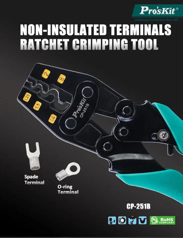 Proskit CP-251B Yo holý terminál Ratchet Carmping Pliers, neizolované terminály zodpovedajúce štandardným nástrojom AWG DIN/GB JIS